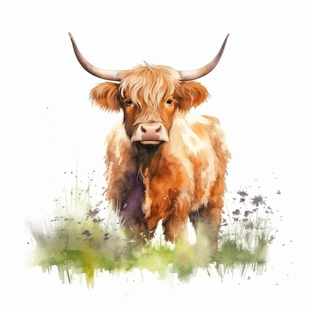 Auf einem Feld steht eine Kuh mit langen Hörnern