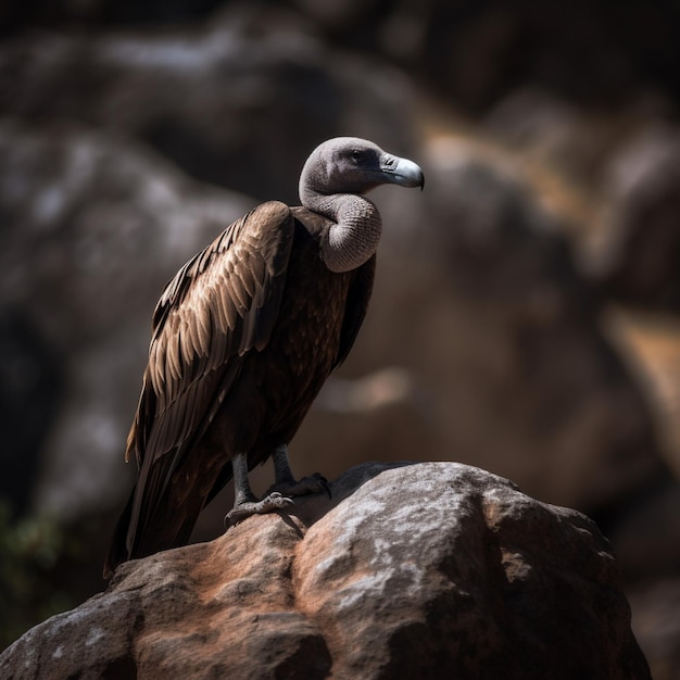 Auf einem Felsen sitzt ein großer Vogel mit schwarzem Schnabel.