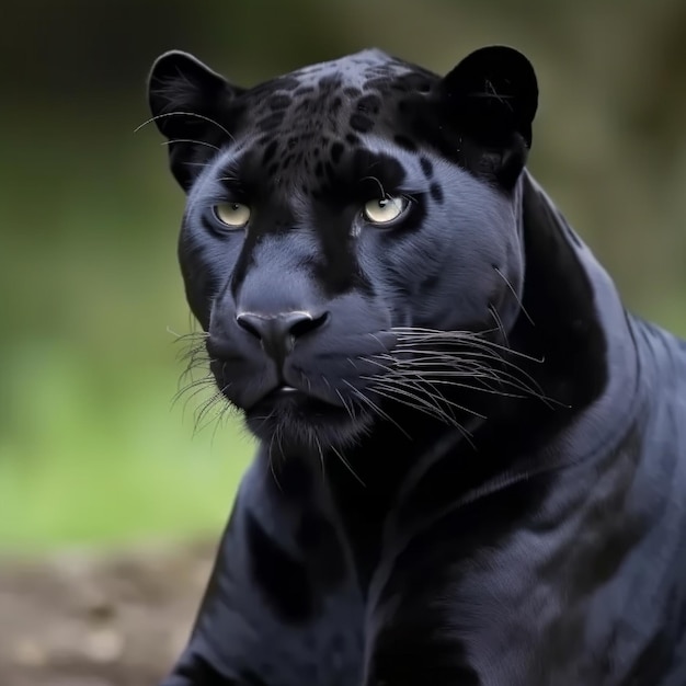 Auf einem Felsen sitzt ein schwarzer Jaguar mit grünen Augen