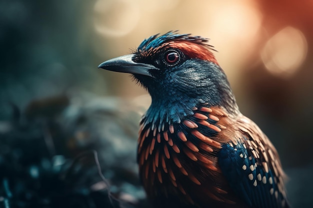 Auf einem Felsen sitzt ein Vogel mit blauem Kopf und roten Federn.