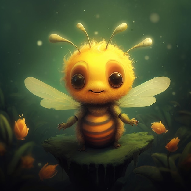 Auf einem Felsen sitzt eine Cartoon-Biene mit generativen Blumen