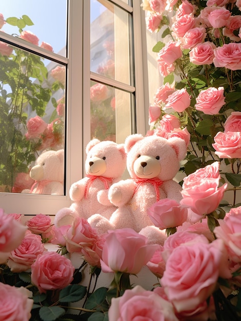 Auf einem Fensterbrett sitzen zwei Teddybären mit generativen rosa Rosen