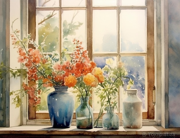Auf einem Fensterbrett stehen viele Vasen mit Blumen