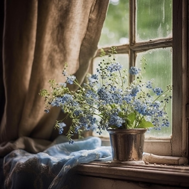 Auf einem Fensterbrett steht ein kleiner Topf mit Blumen