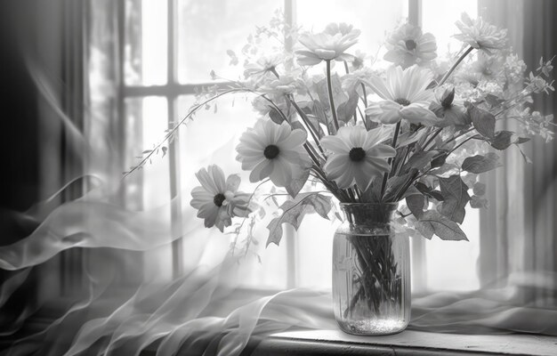 Auf einem Fensterbrett steht eine Vase mit Blumen, dahinter ein Vorhang.