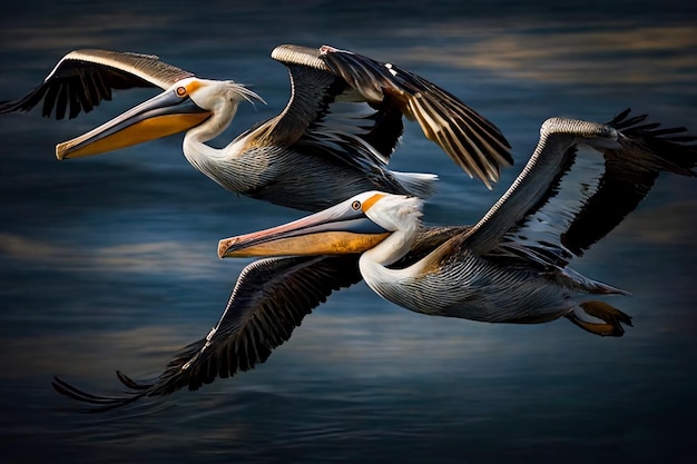 Auf einem Foto fliegen Pelikane über das Wasser.