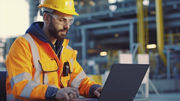 Auf einem Foto ist ein Fertigungsarbeiter in einer Ölraffinerie zu sehen, der mithilfe generativer KI einen Laptop für Wartungsaufgaben nutzt