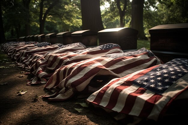 Auf einem Friedhof ist eine Reihe amerikanischer Flaggen ausgelegt.