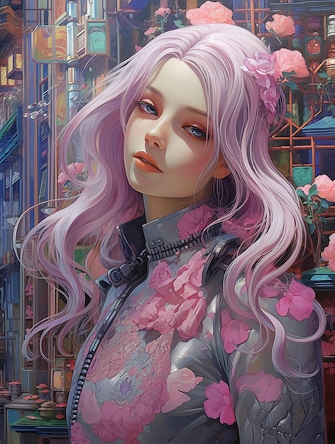 Auf einem Gemälde ist eine Frau mit rosa Haaren und einer Blume auf dem Kopf abgebildet.