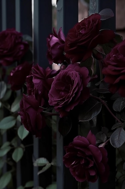 Auf einem generativen Zaun wachsen viele dunkelrote Rosen