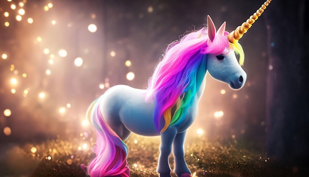 Auf einem goldenen Feld steht ein Einhorn mit Regenbogenmähne.