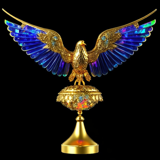 Auf einem goldenen Sockel befindet sich ein goldener Adler mit blauen Flügeln