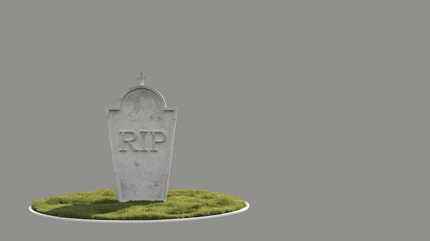 Auf einem grauen Hintergrund steht ein Grabstein mit der Aufschrift RIP.