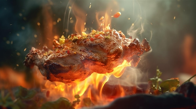 Auf einem Grill brennt ein Feuer, auf dem gegrilltes Fleisch liegt