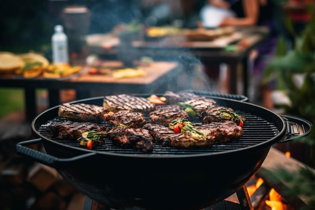 Auf einem Grill werden mehrere Steaks mit viel raucherzeugender Luft gegart