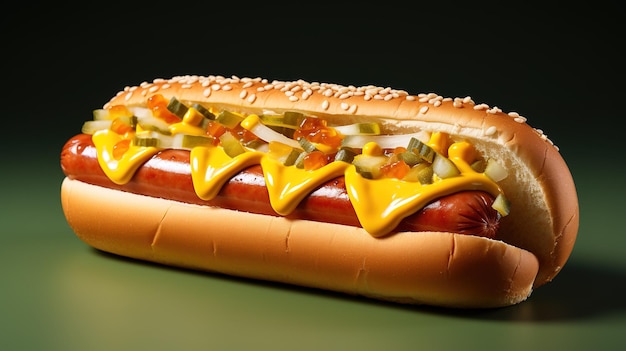 Auf einem grünen Tisch ist ein Hot Dog mit Senf und Ketchup abgebildet.