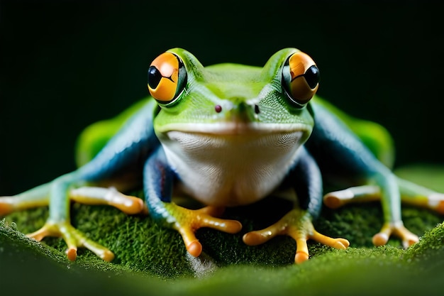 Foto auf einem grünen tuch sitzt ein frosch mit orangefarbenen und gelben augen.