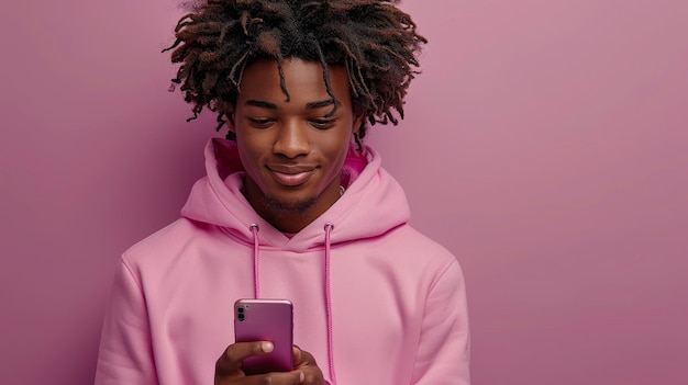 Auf einem hellvioletten Hintergrund hält ein junger, glücklicher, cooler, lockiger afroamerikanischer Teenager ein Handy, das mobile digitale Apps auf Handy-Technologie verwendet, um auf seinem Smartphone zu schreiben