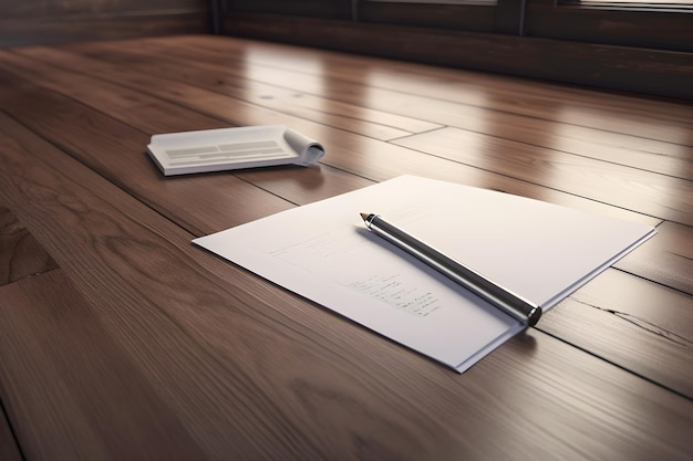 Auf einem Holzboden liegt ein weißes Blatt Papier mit einem Stift darauf.