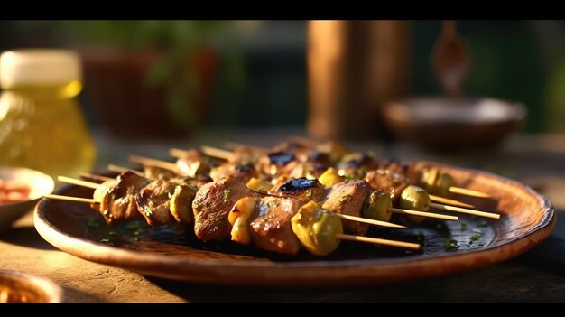 Auf einem Holzbrett gegrillte Fleisch- und Gemüsespieße. Gutes Essen zum Kochen im Freien. Leckeres Sommeressen