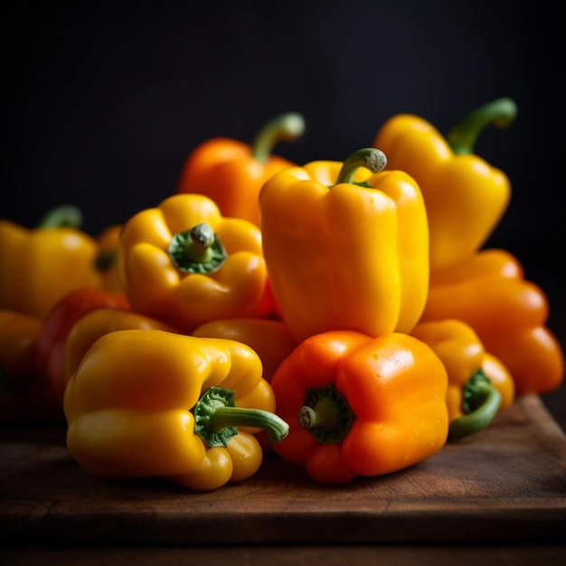 Auf einem Holzbrett liegt ein Bund gelber Paprika.