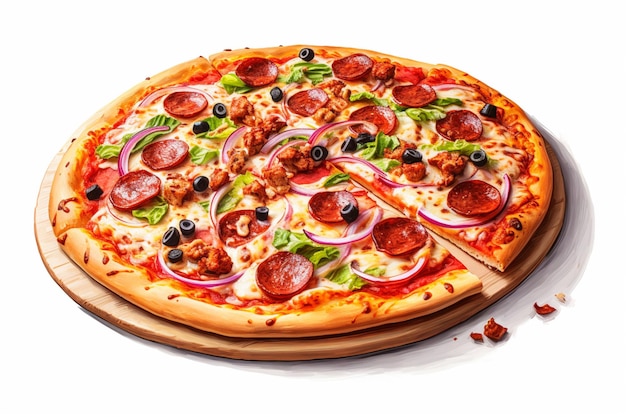 Auf einem Holzbrett liegt eine Pizza, von der ein Stück fehlt.