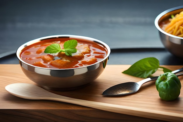 Auf einem Holzbrett steht eine Schüssel mit Hühner- und Tomatensuppe.