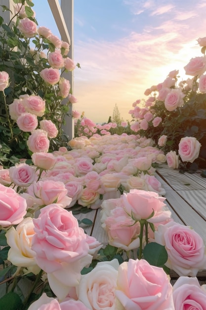 Auf einem Holzdeck in einem Garten wachsen rosa Rosen