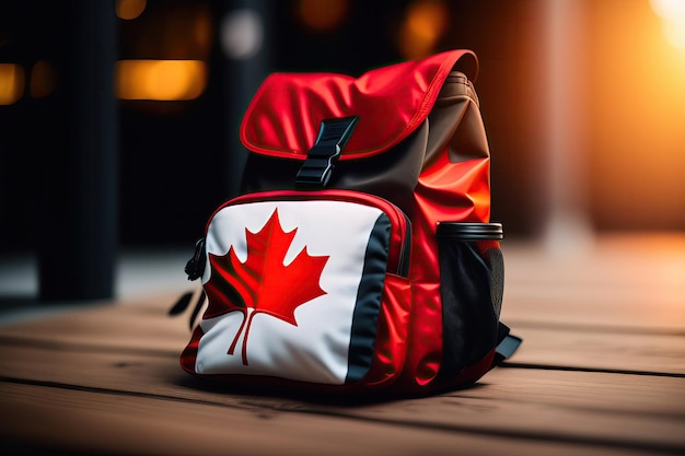 Auf einem Holzdeck steht ein rot-schwarz-weißer Rucksack mit einem Ahornblatt mit kanadischer Flagge