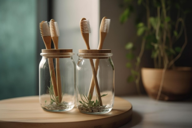 Auf einem Holzregal neben einer Pflanze steht ein hölzerner Zahnbürstenhalter mit Holzdeckel.