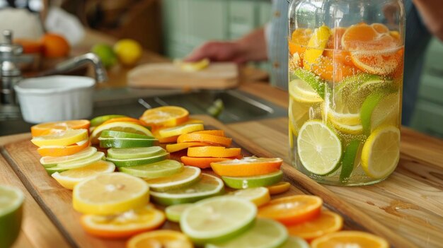 Auf einem Holzschneidbrett geschnittene Orangen und Limetten