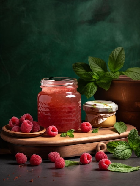 Auf einem Holztablett steht ein Glas Himbeermarmelade neben einem Glas Sahne.