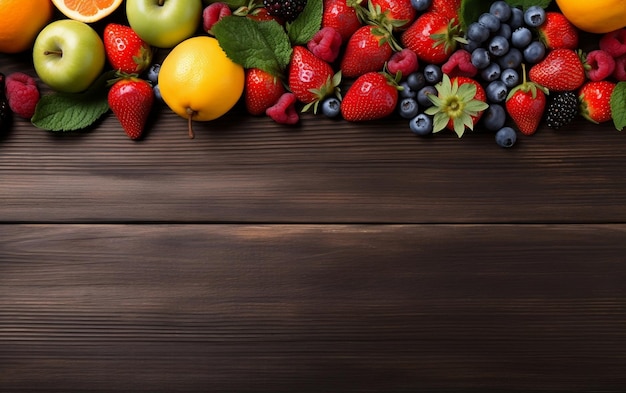 Auf einem Holztisch AI wird eine bunte Auswahl an frischen Früchten präsentiert