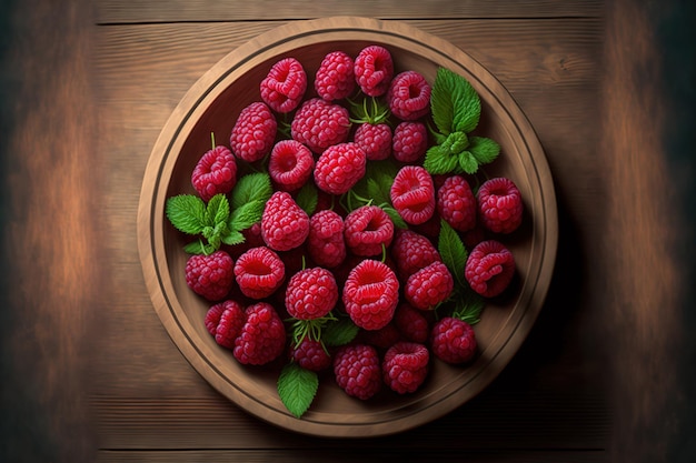 Auf einem Holztisch ein Gericht aus reifen saftigen Himbeeren, Draufsicht aus nächster Nähe und in hoher Auflösung