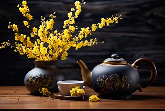 Auf einem Holztisch mit gelben Blumen im Gongbi-Stil steht eine Teekanne