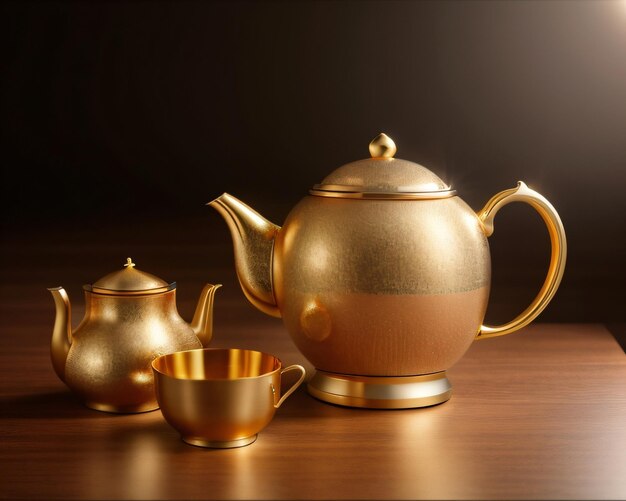 Auf einem Holztisch stehen eine Teekanne und eine Teekanne.