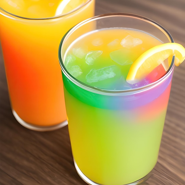 Auf einem Holztisch stehen zwei Gläser Cocktails in den Farben Orange, Grün und Gelb