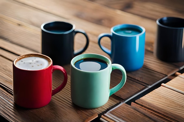 Auf einem Holztisch steht ein blauer Becher mit weißem Schaum darauf.