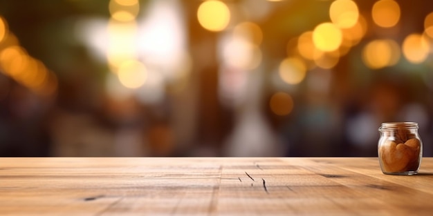 Auf einem Holztisch steht ein Glas Kaffee mit einem verschwommenen generativen Hintergrund