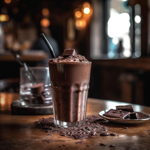 Auf einem Holztisch steht ein Schokoladenmilchshake mit schwarzem Strohhalm, auf dem Schokoladenstücke liegen.