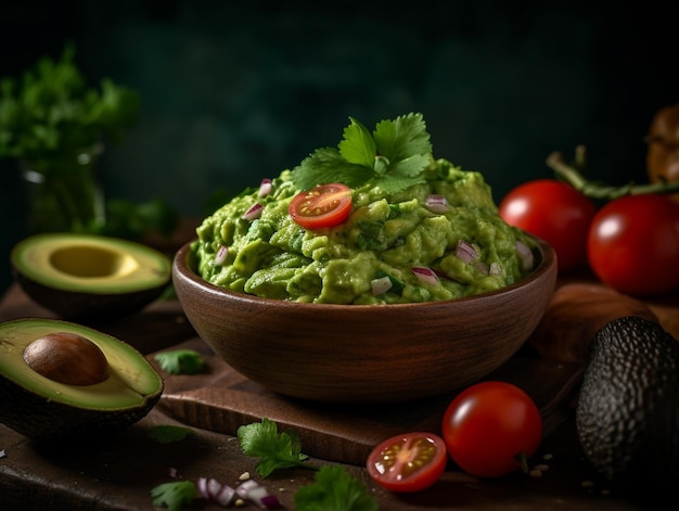 Auf einem Holztisch steht eine Schüssel Guacamole mit Tomaten und Koriander an der Seite.