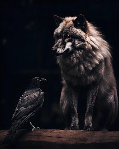 Auf einem Holzvorsprung stehen ein Wolf und ein schwarzer Vogel.