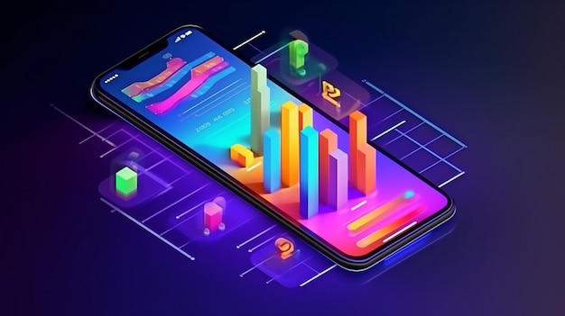 Auf einem isometrischen Mobiltelefon wird eine Smartphone-Anwendung mit Geschäftsdiagrammen und Analysedaten verwendet. Konzept- und Trendanalyse für den Codierungsprozess in der Softwareentwicklung Die generative KI