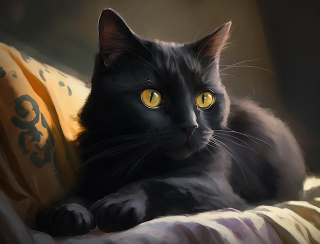 Auf einem Kissen liegt eine schwarze Katze mit gelbem Auge.