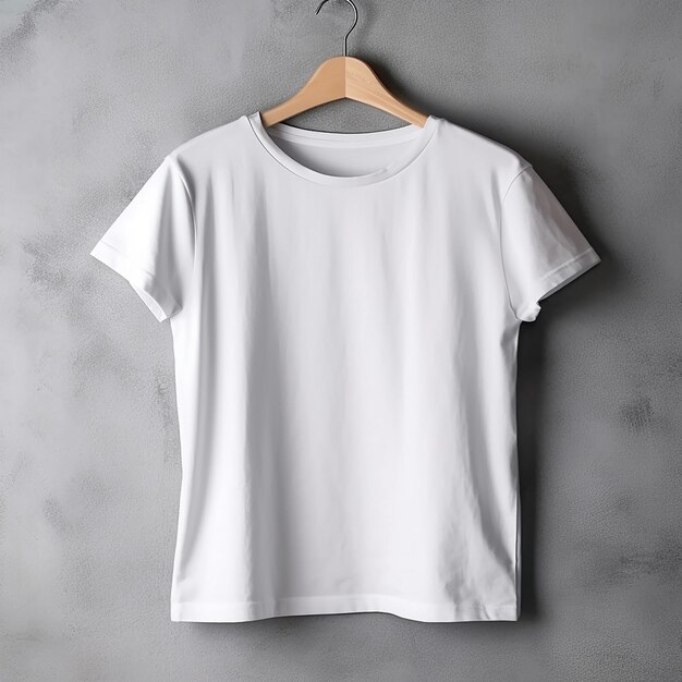 Auf einem Kleiderbügel hängt ein weißes T-Shirt mit der Aufschrift „t“.