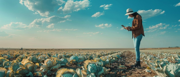 Auf einem Kohlfeld arbeitet ein Landwirt mit einer Tablette Ein Agronom untersucht eine Kohlernte, die auf einem trockenen Feld wächst Landwirtschaft Klimawandel Konzeptbild