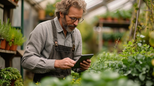 Auf einem ländlichen Bauernhof überprüft ein ernsthafter Gärtner oder ein Umweltwissenschaftler für Gewächshäuser den Fortschritt des nachhaltigen landwirtschaftlichen Wachstums oder bereitet auf seinem digitalen Tablet eine Exportbestellung vor