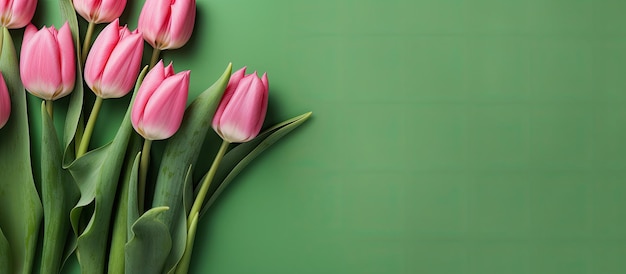 Auf einem leuchtend grünen Hintergrund wird ein Arrangement aus rosa Tulpen präsentiert, das Konzepte repräsentiert