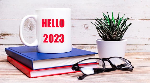 Auf einem Leuchttisch liegen Notizblöcke, eine Topfpflanze, schwarz gerahmte Gläser und eine weiße Tasse mit dem Text HELLO 2023