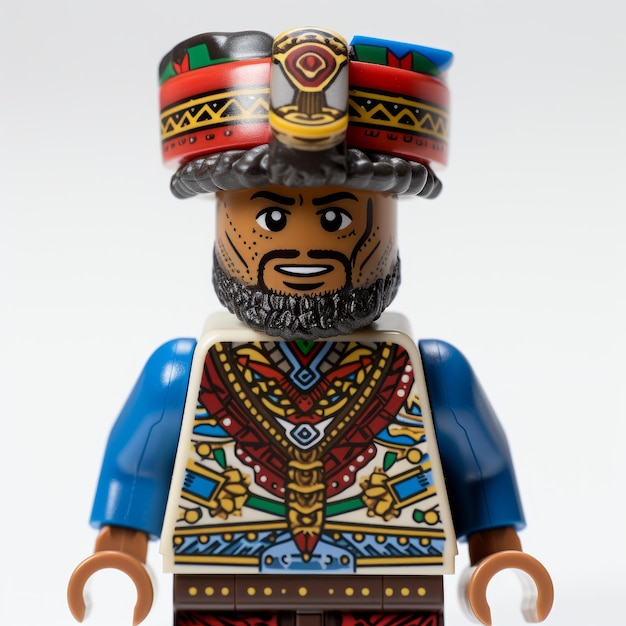 Auf einem makellos weißen Hintergrund wird eine mit mehreren Hüten geschmückte Legofigur präsentiert, die an die künstlerischen Stile von Kehinde Wiley und persischen Miniaturen erinnert. dieser anthropologisch inspirierte Nah-